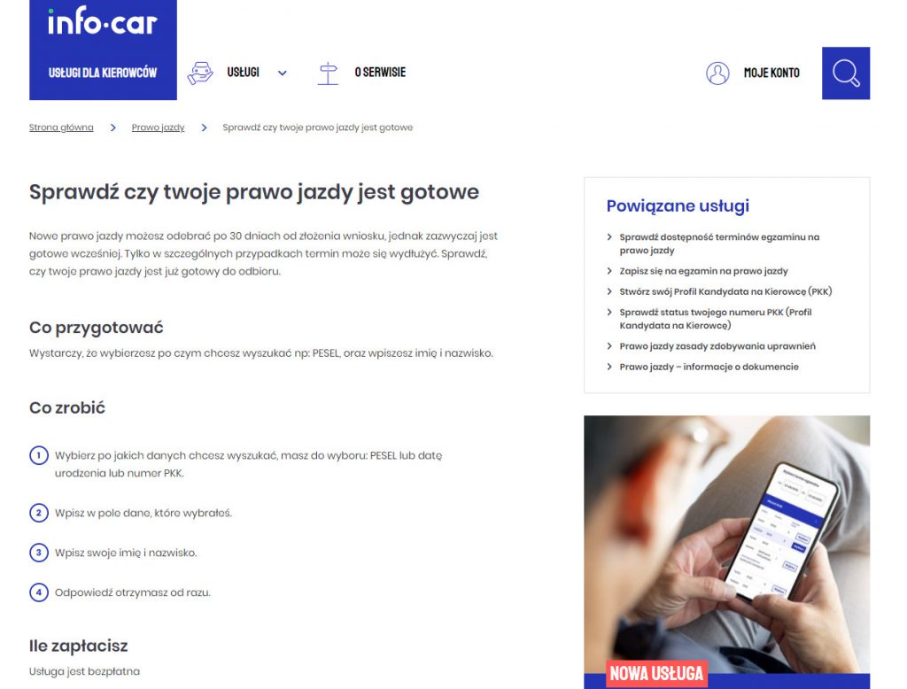 Strona info-car.pl gdzie sprawdzimy status odbioru prawo jazdy
