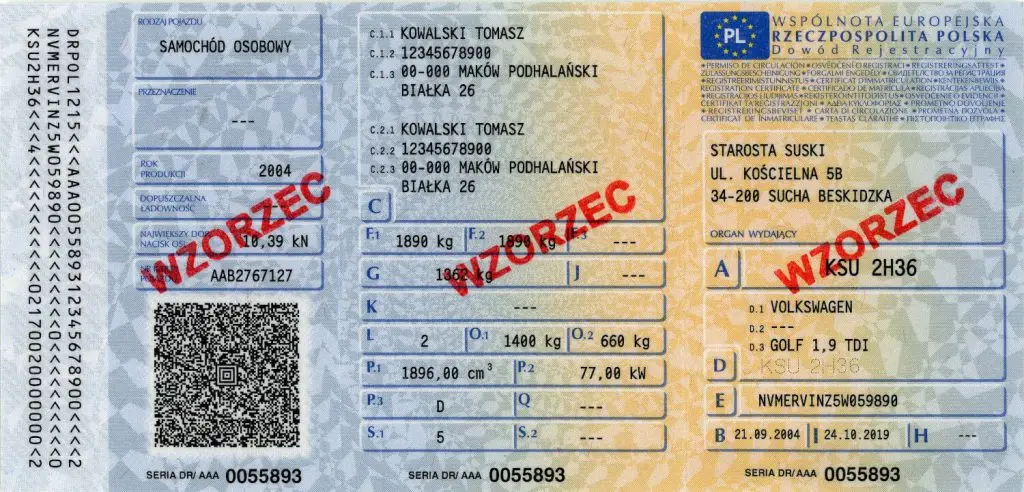 Dowód rejestracyjny wzorzec